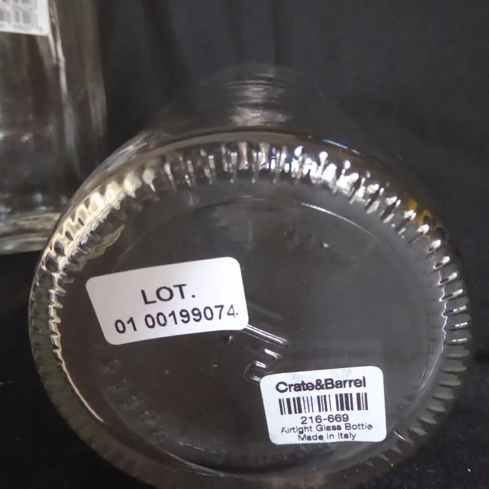 NEW 12.5” - 9.5” CRATE BARREL ITALY CLEAR GLASS AIR TIGHT LOCKING TOP 3 BOTTLES